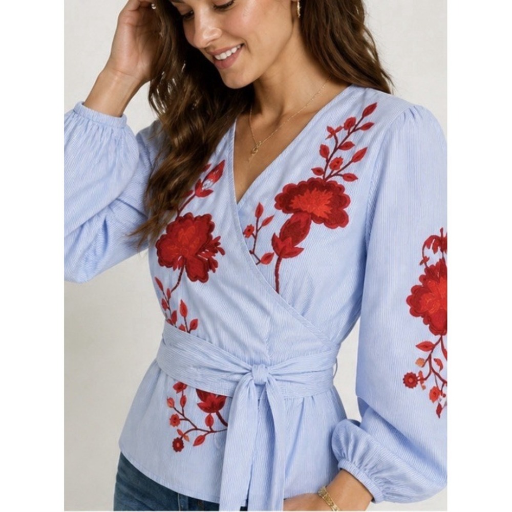 Inc International Concepts Wrap Tie Floral Embroidered Blouse Blue Striped Sz MP